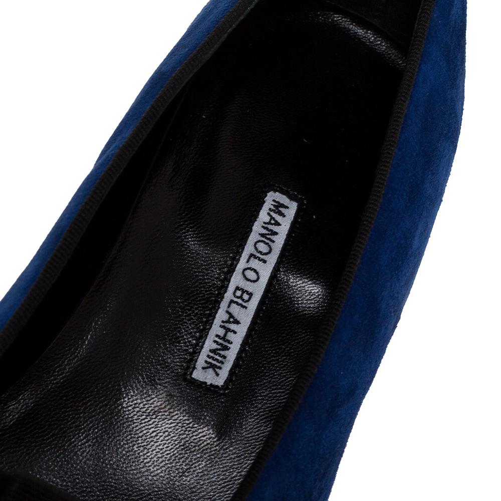Women's Manolo Blahnik Blue Suede Leather Toro Opera Bow Slip On Loafers Size 41