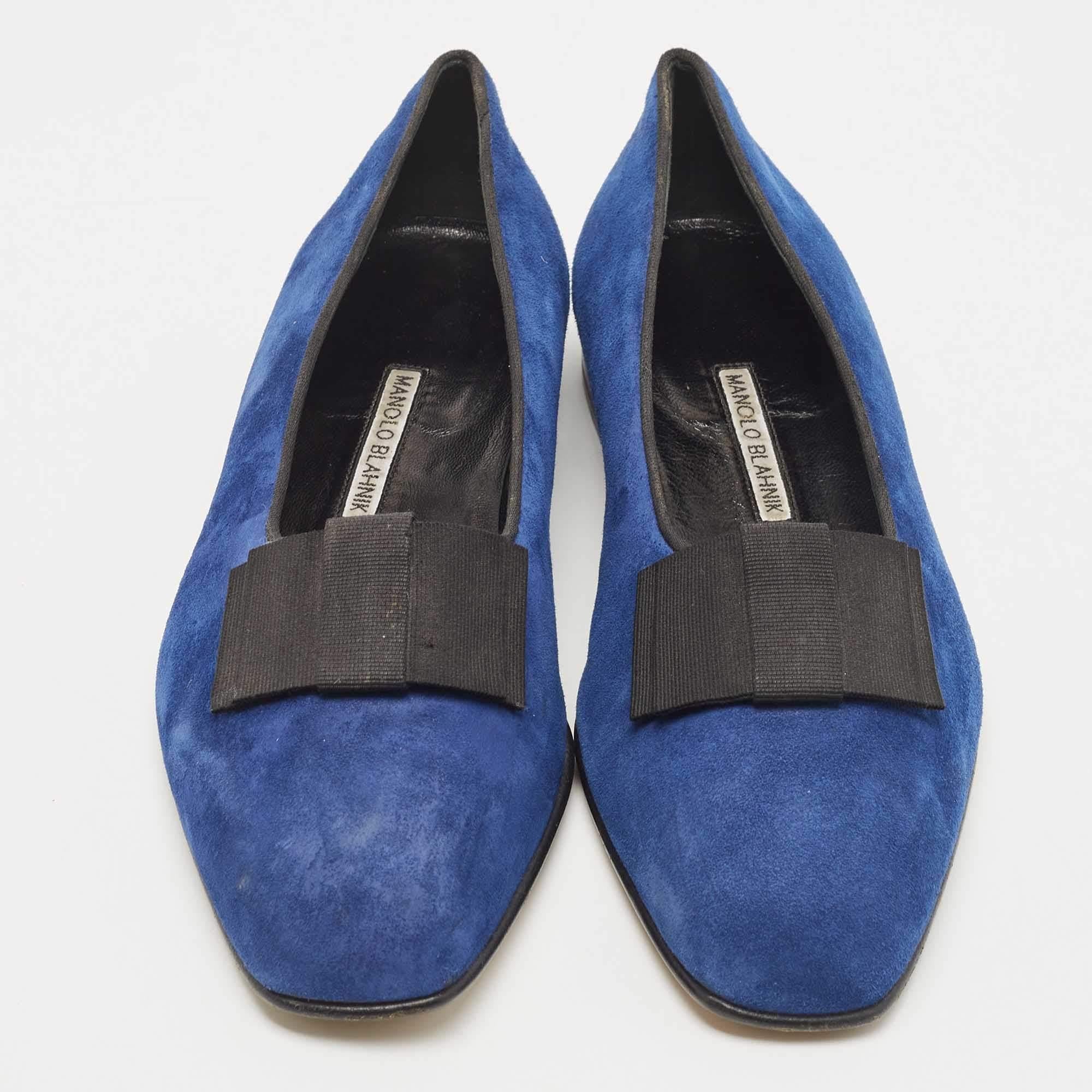 Women's Manolo Blahnik Blue Suede Leather Toro Opera Bow Slip On Loafers Size 41.5 For Sale