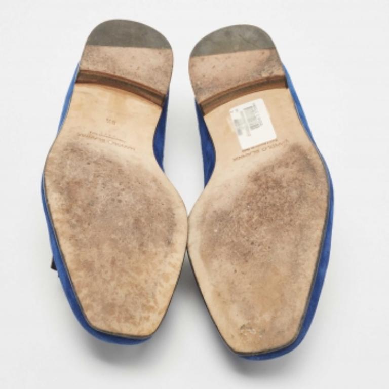 Manolo Blahnik Mocassins en daim et cuir bleu Toro Opera Bow Slip On Size 41.5 en vente 1