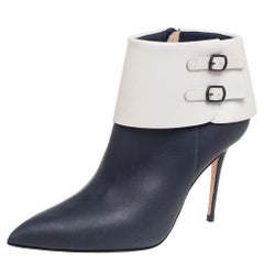 Manolo Blahnik Blue/White Leather Buckle Pointed Toe Ankle Boots Size 36