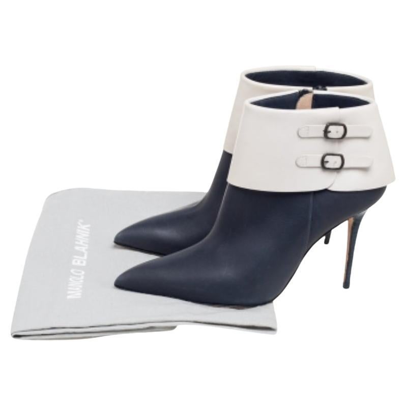 Simples et sophistiquées, ces bottines de Manolo Blahnik sont un achat indispensable pour les femmes à la mode. Ces bottes sont fabriquées en cuir et montent en équilibre sur des talons de 10 cm. Ils sont accompagnés de boucles et d'une fermeture à