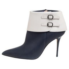 Used Manolo Blahnik Blue/White Leather Buckle Pointed Toe Ankle Boots Size 36