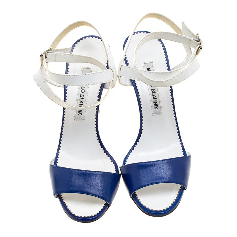 Gray Manolo Blahnik Blue/White Leather Llonicabi Ankle Strap Sandals Size 35.5