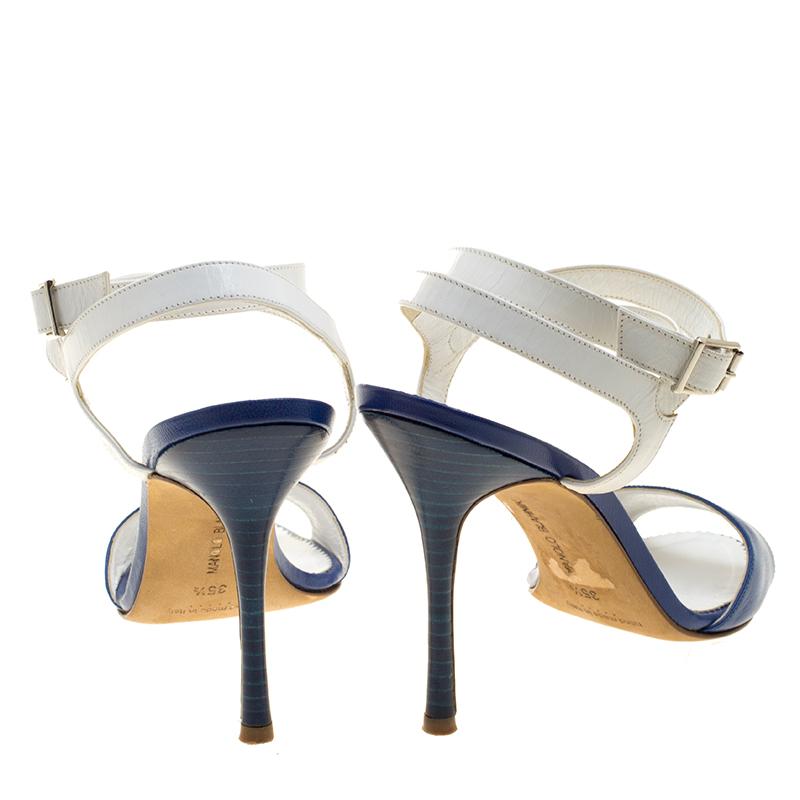 Gray Manolo Blahnik Blue/White Leather Llonicabi Ankle Strap Sandals Size 35.5