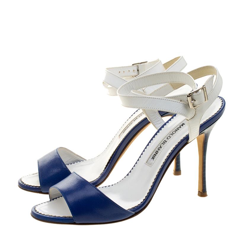 Manolo Blahnik Blue/White Leather Llonicabi Ankle Strap Sandals Size 35.5 1