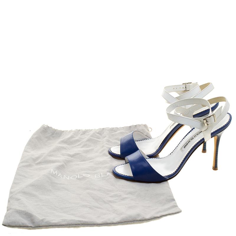 Manolo Blahnik Blue/White Leather Llonicabi Ankle Strap Sandals Size 35.5 3
