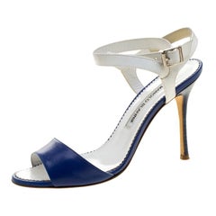 Manolo Blahnik Blue/White Leather Llonicabi Ankle Strap Sandals Size 35.5