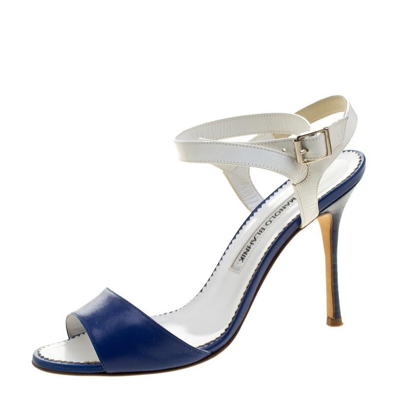 Manolo Blahnik Blue/White Leather Llonicabi Ankle Strap Sandals Size 35.5