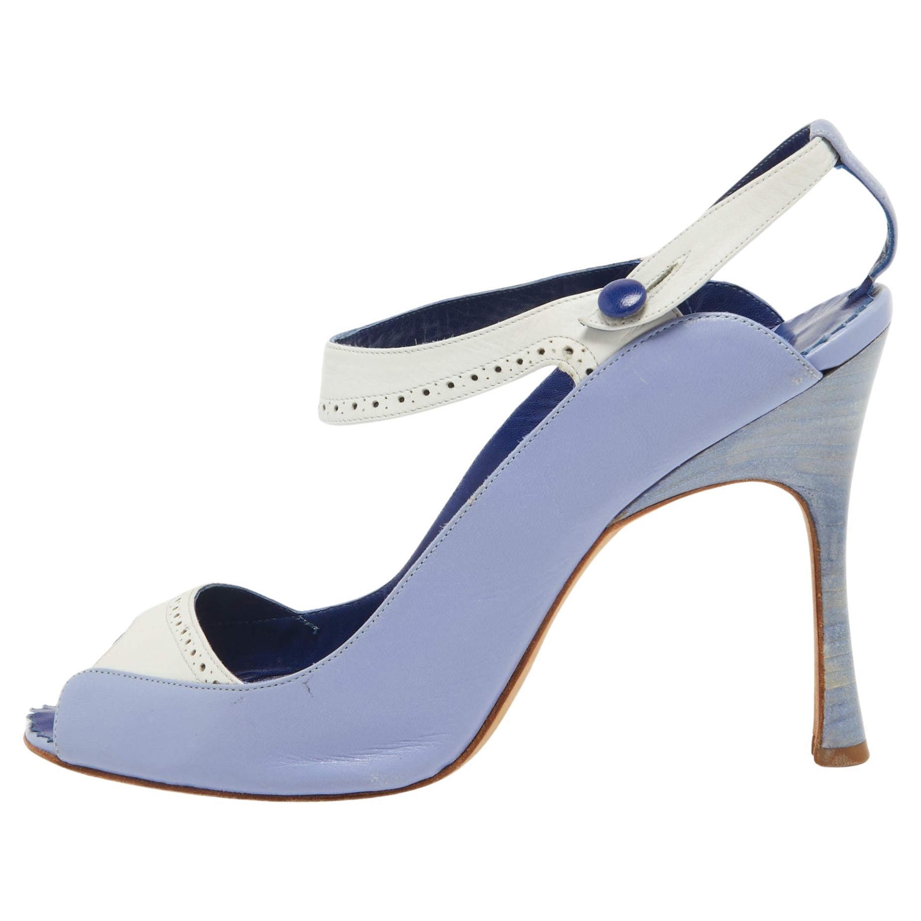Manolo Blahnik Blue/White Leather Peep Toe Slingback Pumps Size 40 For Sale