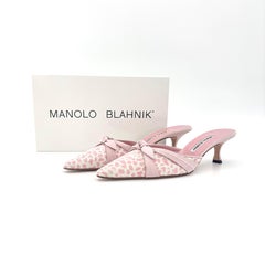 Manolo Blahnik Bow Pink Leopard Print Ponyhair Pointed Toe Kitten Heel Mules 41