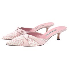Manolo Blahnik Bow Pink Leopard Print Ponyhair Pointed Toe Kitten Heel Mules 41