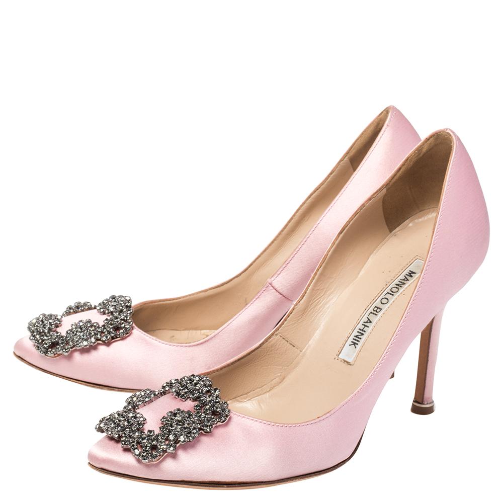 Beige Manolo Blahnik Bright Pink Satin Hangisi Pumps Size 34.5