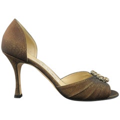 Manolo Blahnik Bronze Fabric Rhinestone Buckle D'Orsay Pumps