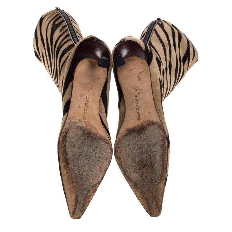 Women's Manolo Blahnik Brown/Beige Calf Hair Leopard Print Knee Length Boots Size 36