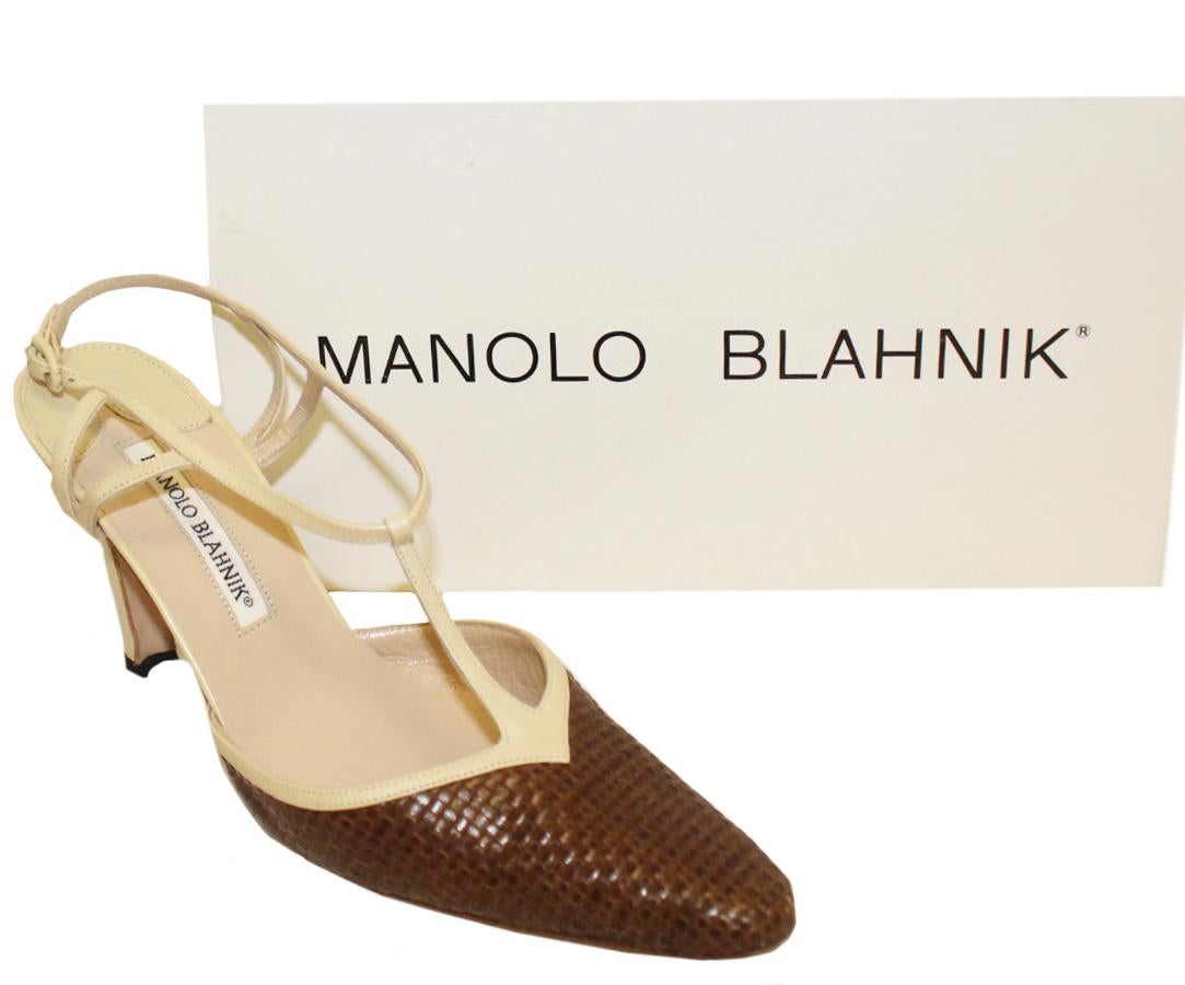 Manolo Blahnik Brown & Beige Woven Sling Back Heels 1