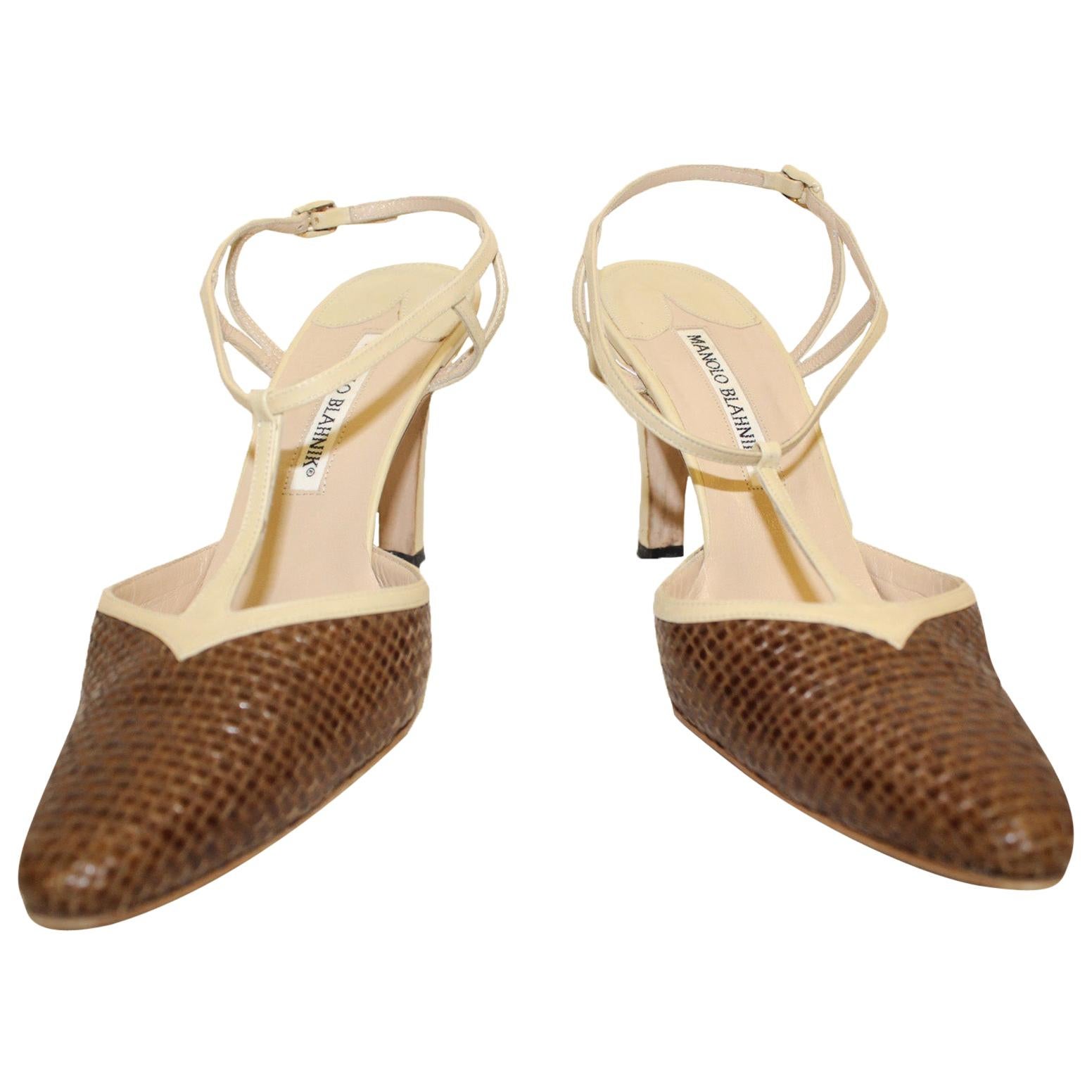 Manolo Blahnik Brown & Beige Woven Sling Back Heels