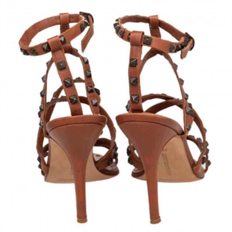 Women's Manolo Blahnik Brown Leather Embellished Ankle Strap Sandals Size 39.5