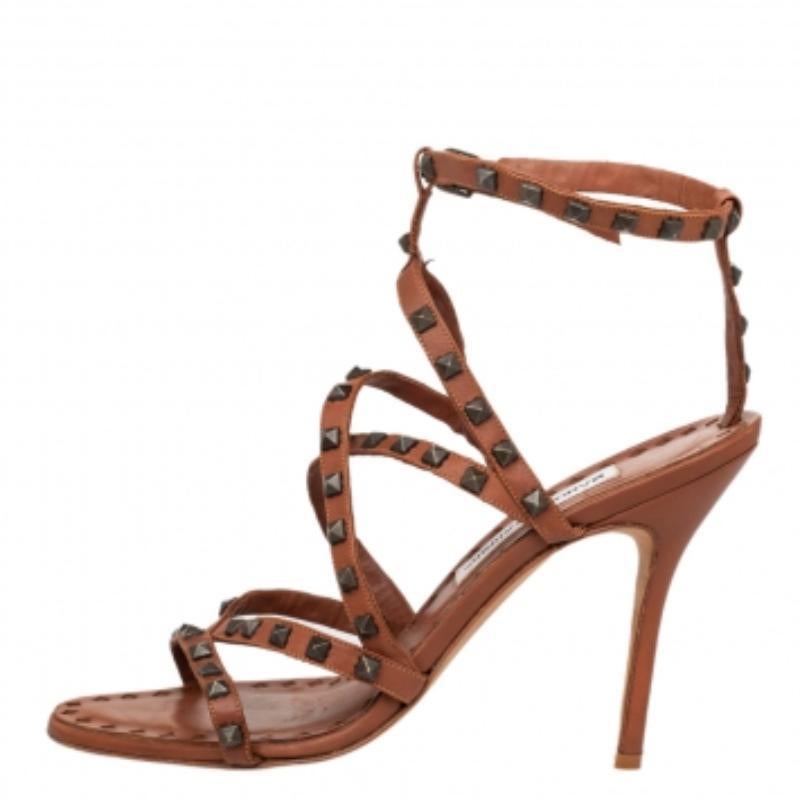 Manolo Blahnik Brown Leather Embellished Ankle Strap Sandals Size 39.5 2