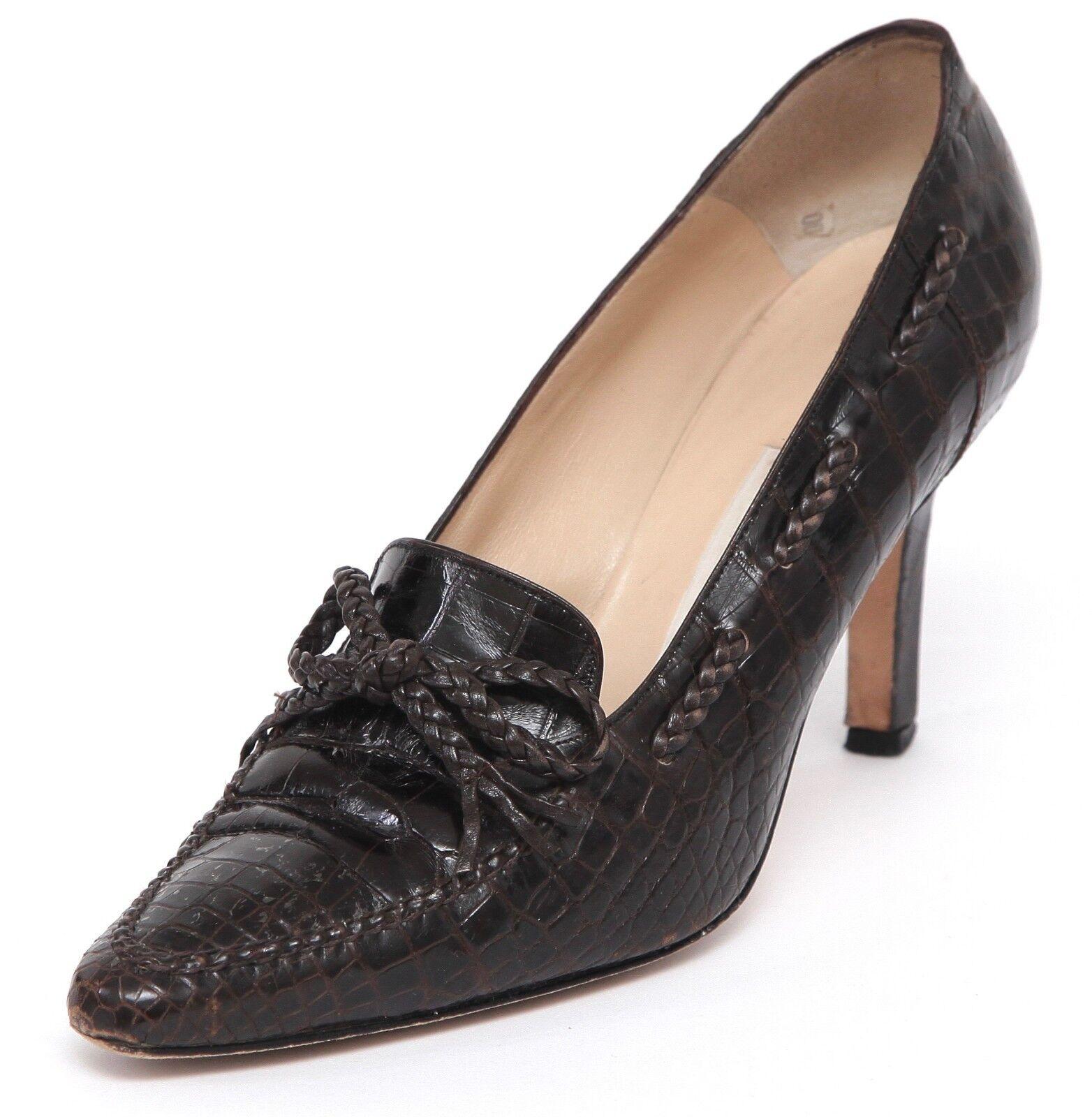 Black MANOLO BLAHNIK Brown Pumps Loafers Leather Pointed Toe Heel Sz 37 For Sale