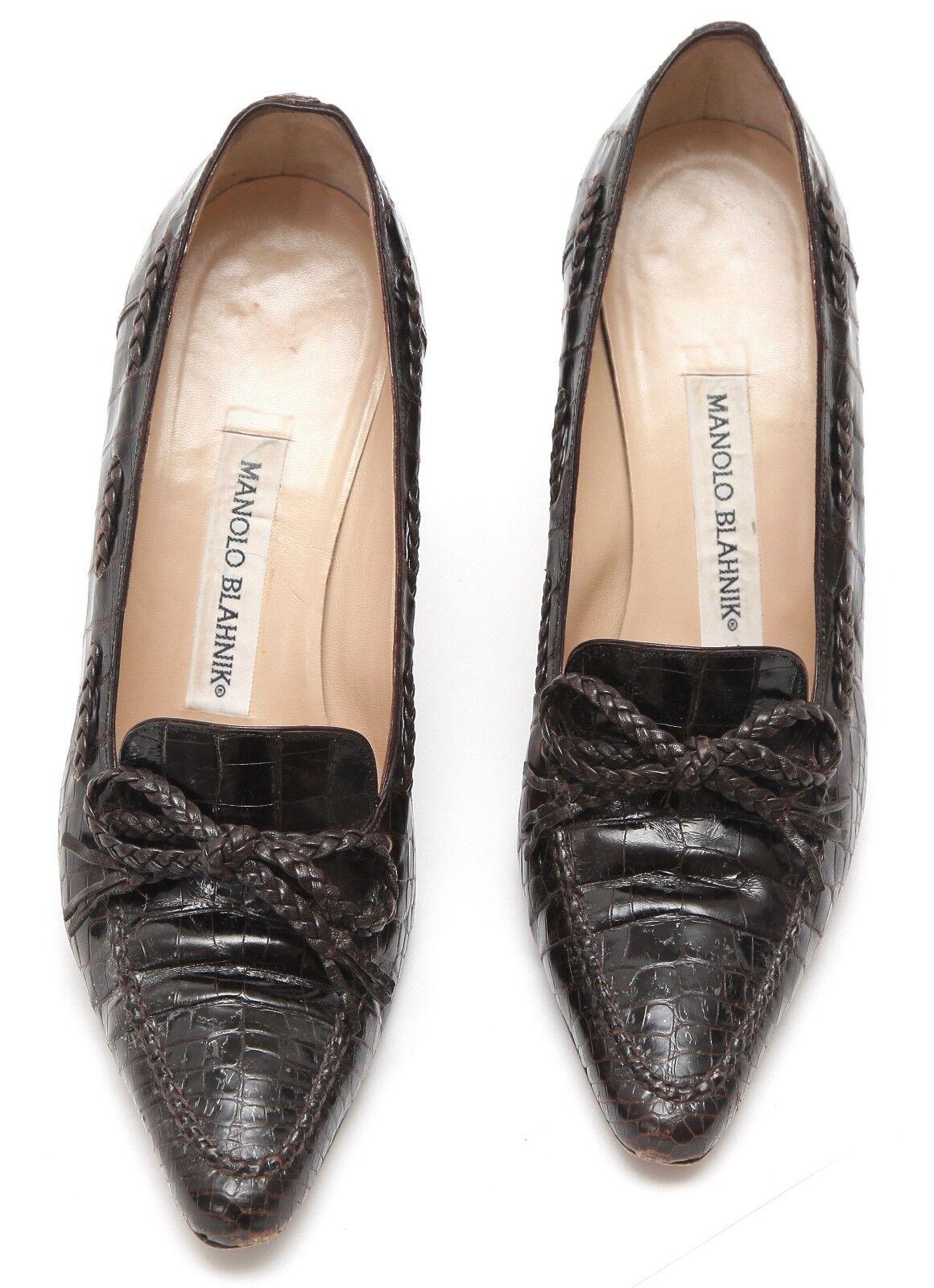 Women's MANOLO BLAHNIK Brown Pumps Loafers Leather Pointed Toe Heel Sz 37 For Sale