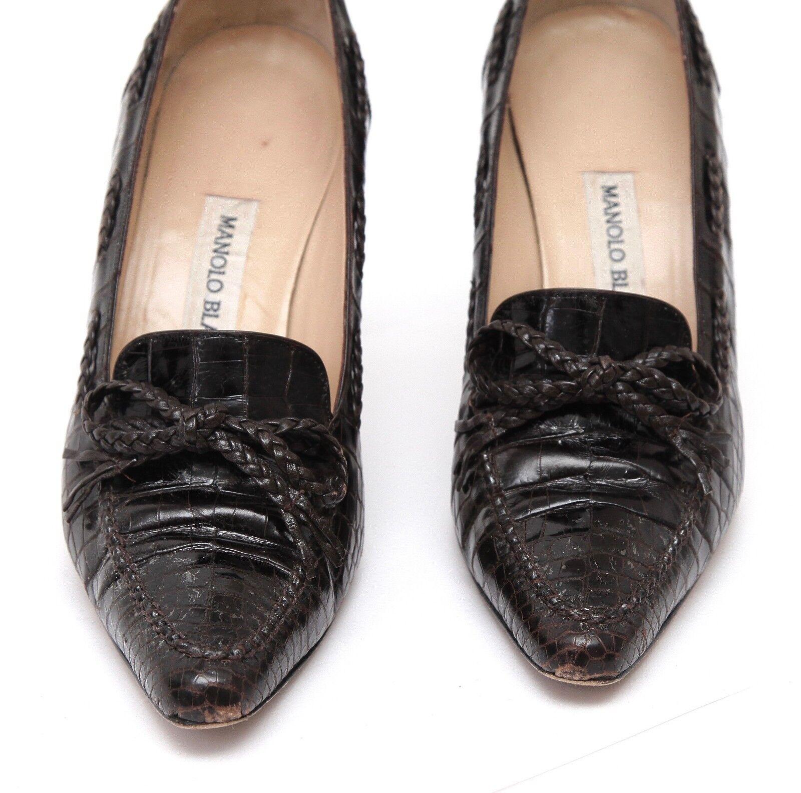 MANOLO BLAHNIK Brown Pumps Loafers Leather Pointed Toe Heel Sz 37 For Sale 1