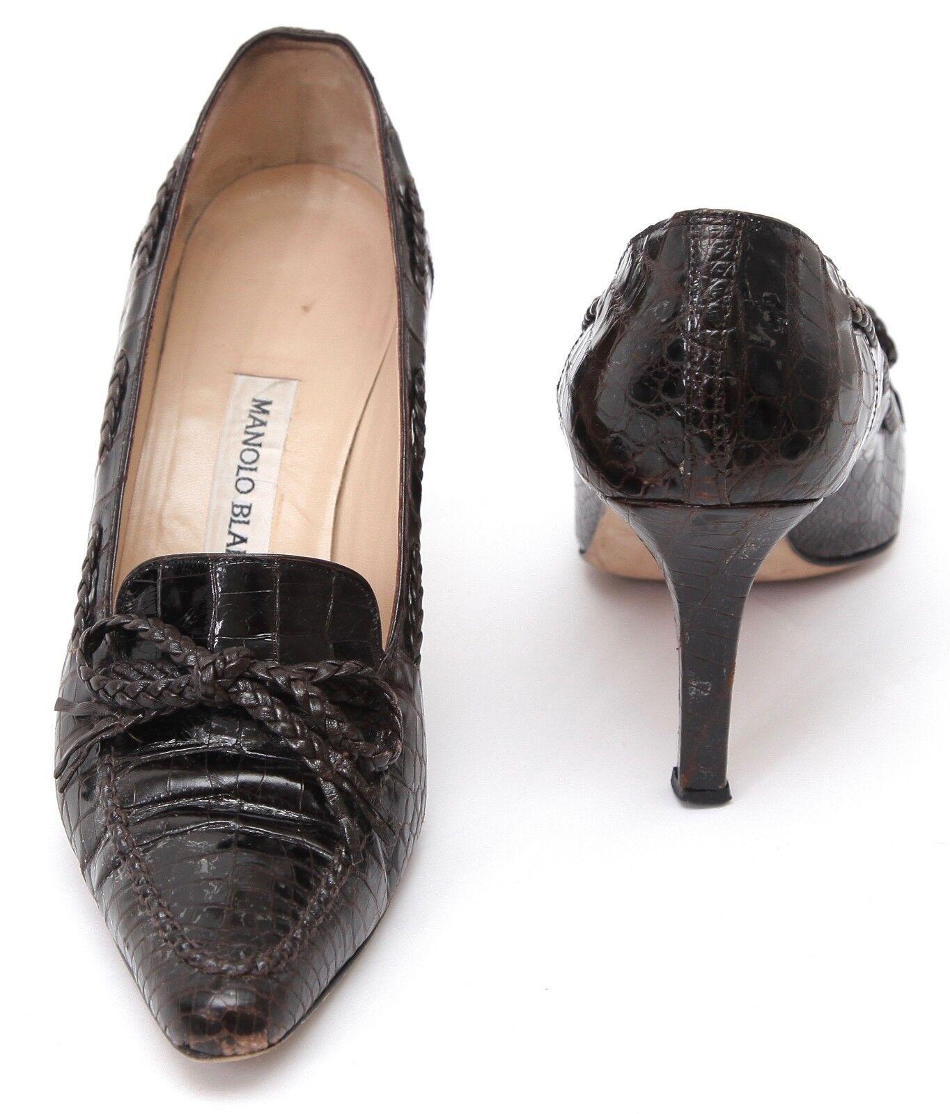 MANOLO BLAHNIK Brown Pumps Loafers Leather Pointed Toe Heel Sz 37 For Sale 2