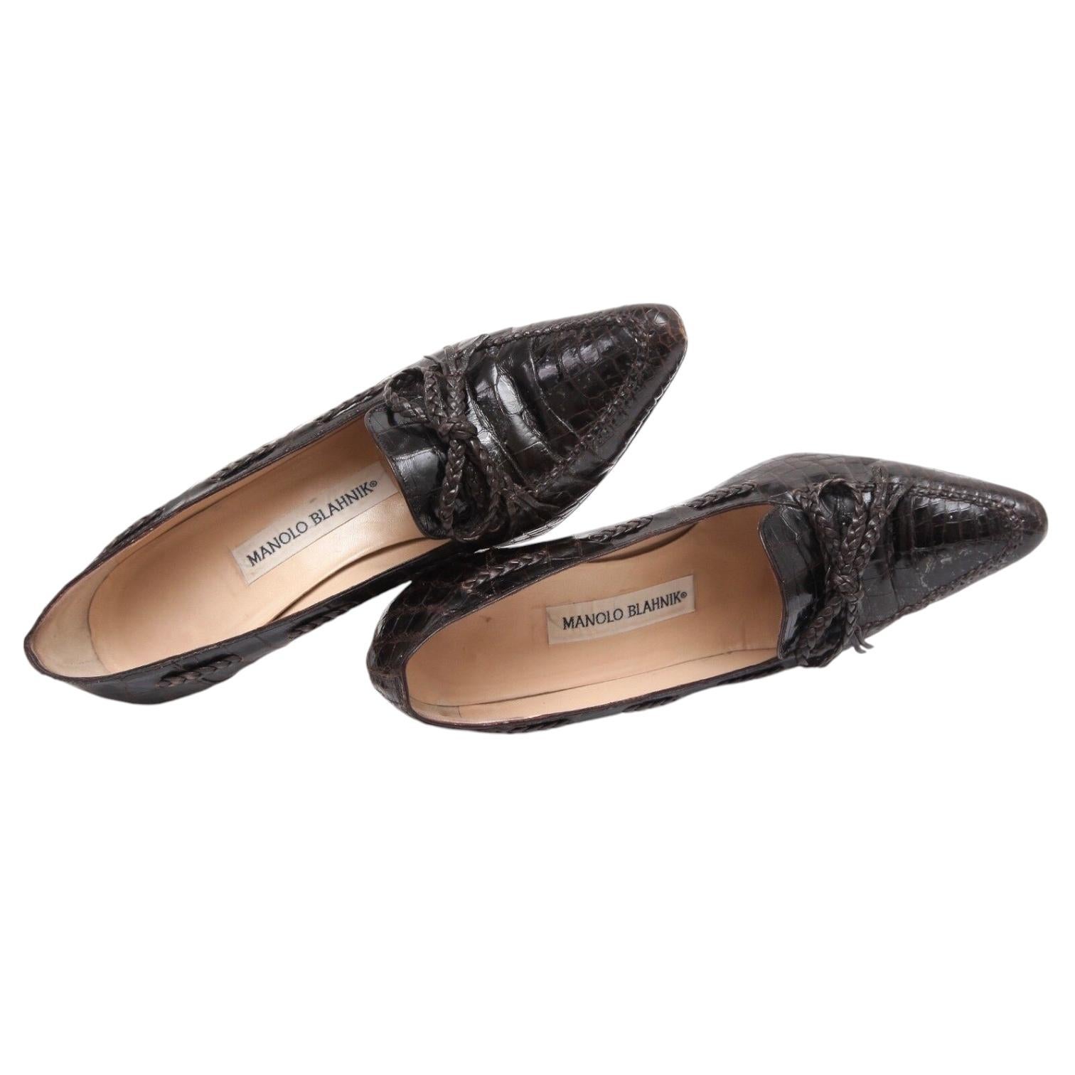 MANOLO BLAHNIK Brown Pumps Loafers Leather Pointed Toe Heel Sz 37 For Sale 4