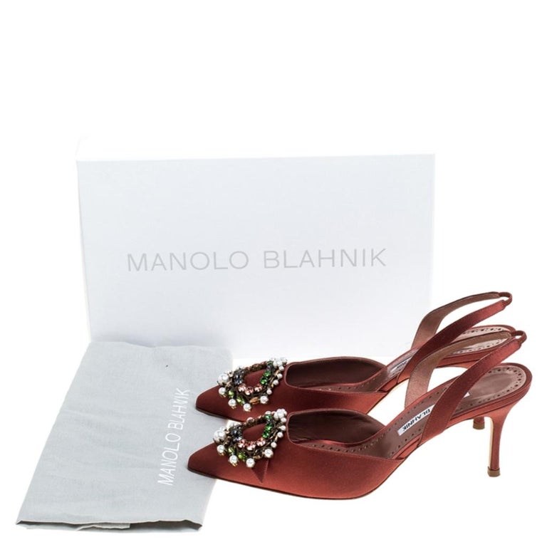 Manolo Blahnik Brown Satin Crystal Embellished Leona Slingback Pumps ...