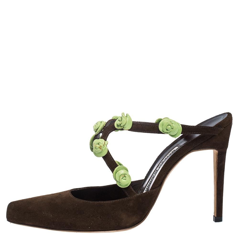 Black Manolo Blahnik Brown Suede And Green Rose Embellished Pointed Toe Mules Size 37