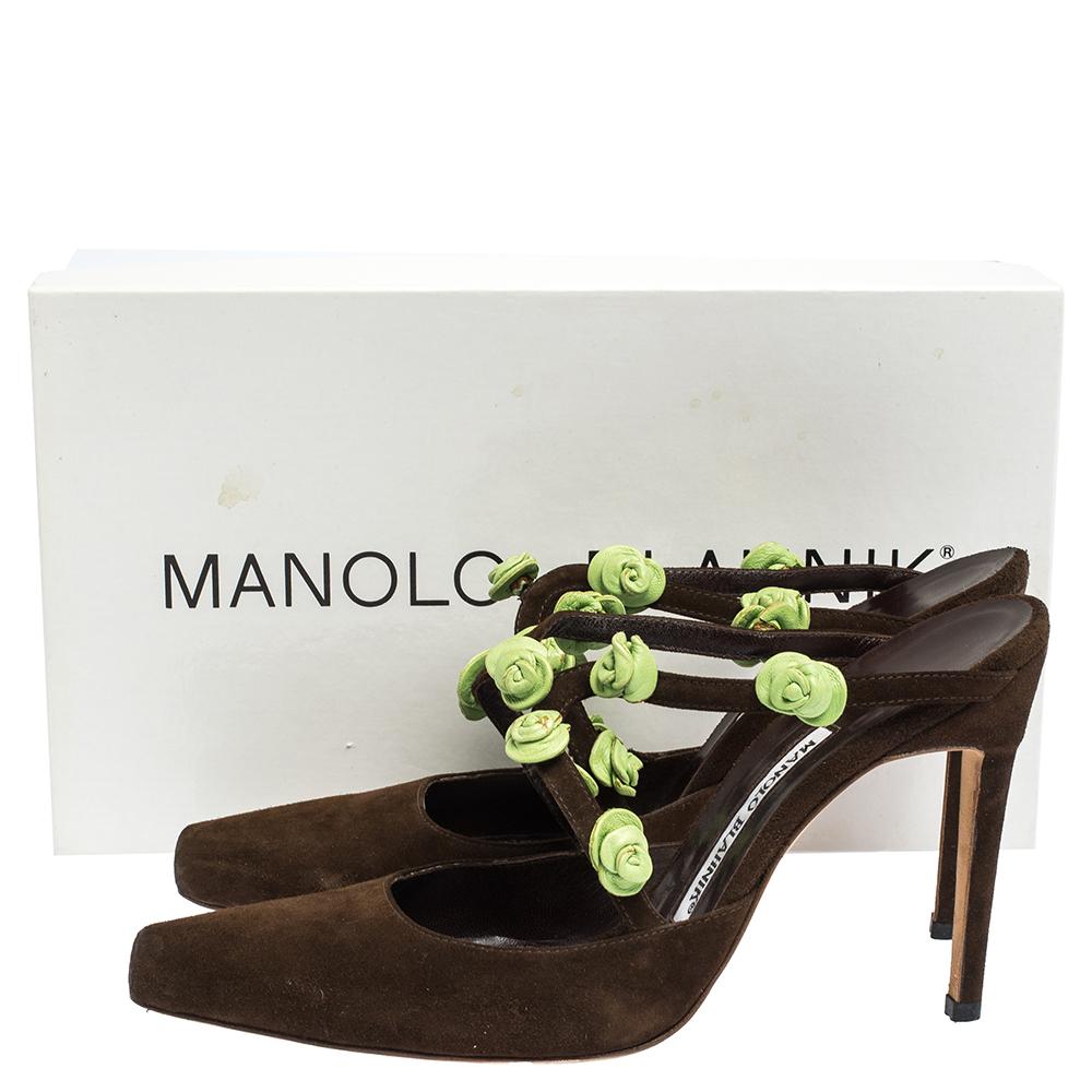 Manolo Blahnik Brown Suede And Green Rose Embellished Pointed Toe Mules Size 37 1