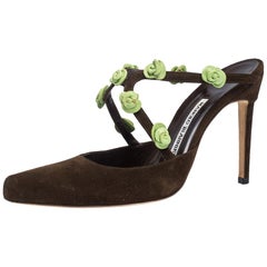Manolo Blahnik Brown Suede And Green Rose Embellished Pointed Toe Mules Size 37