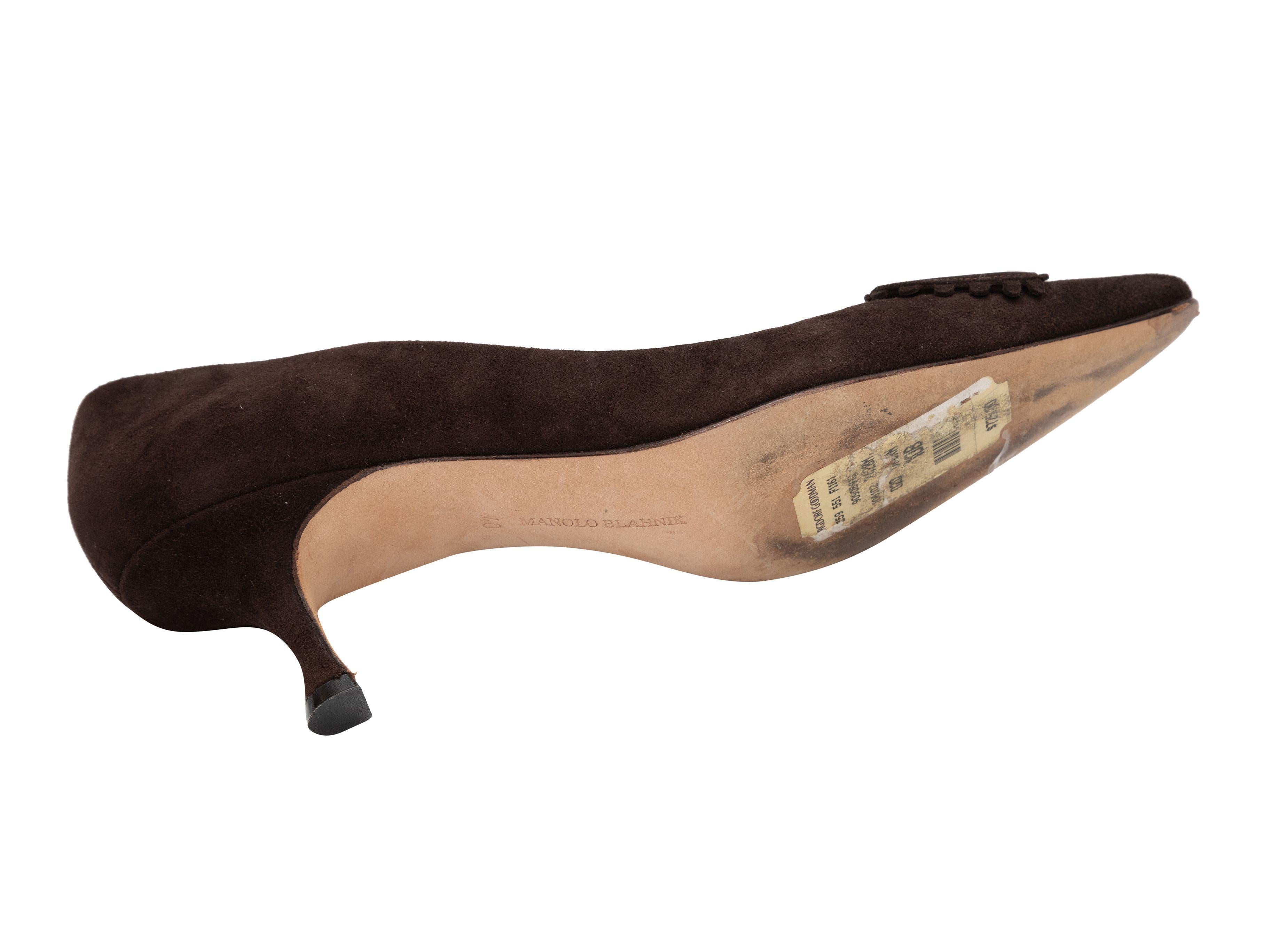 Product Details: Brown suede pointed-toe pumps by Manolo Blahnik. Kitten heels. 2.5