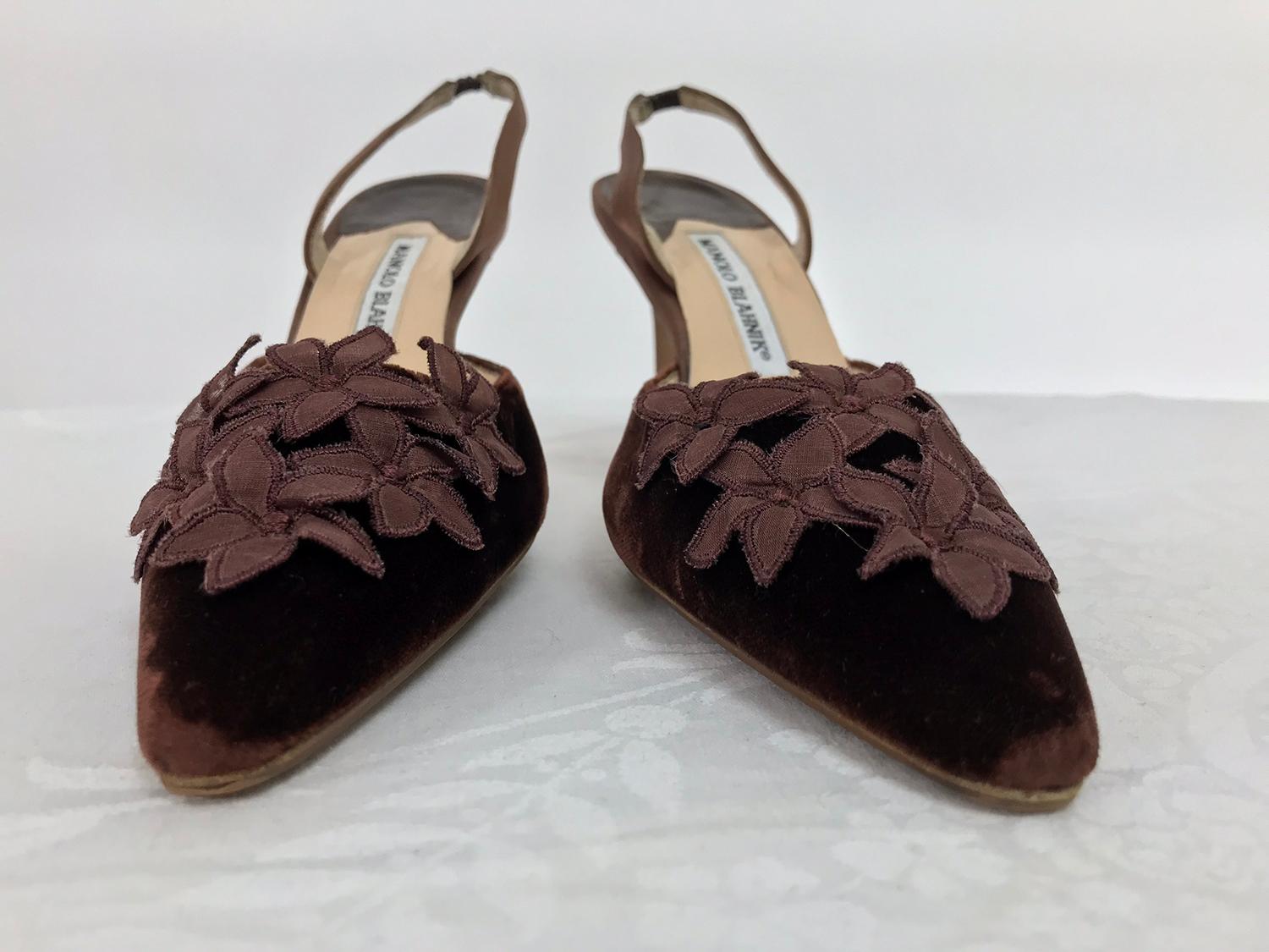 Manolo Blahnik dark chocolate brown velvet, satin and organza floral sling back pumps size 37. In excellent condition, however, these shoes have had non slip soles added to the front of the sole. Heel measured from bottom to inside heel back 3 1/2