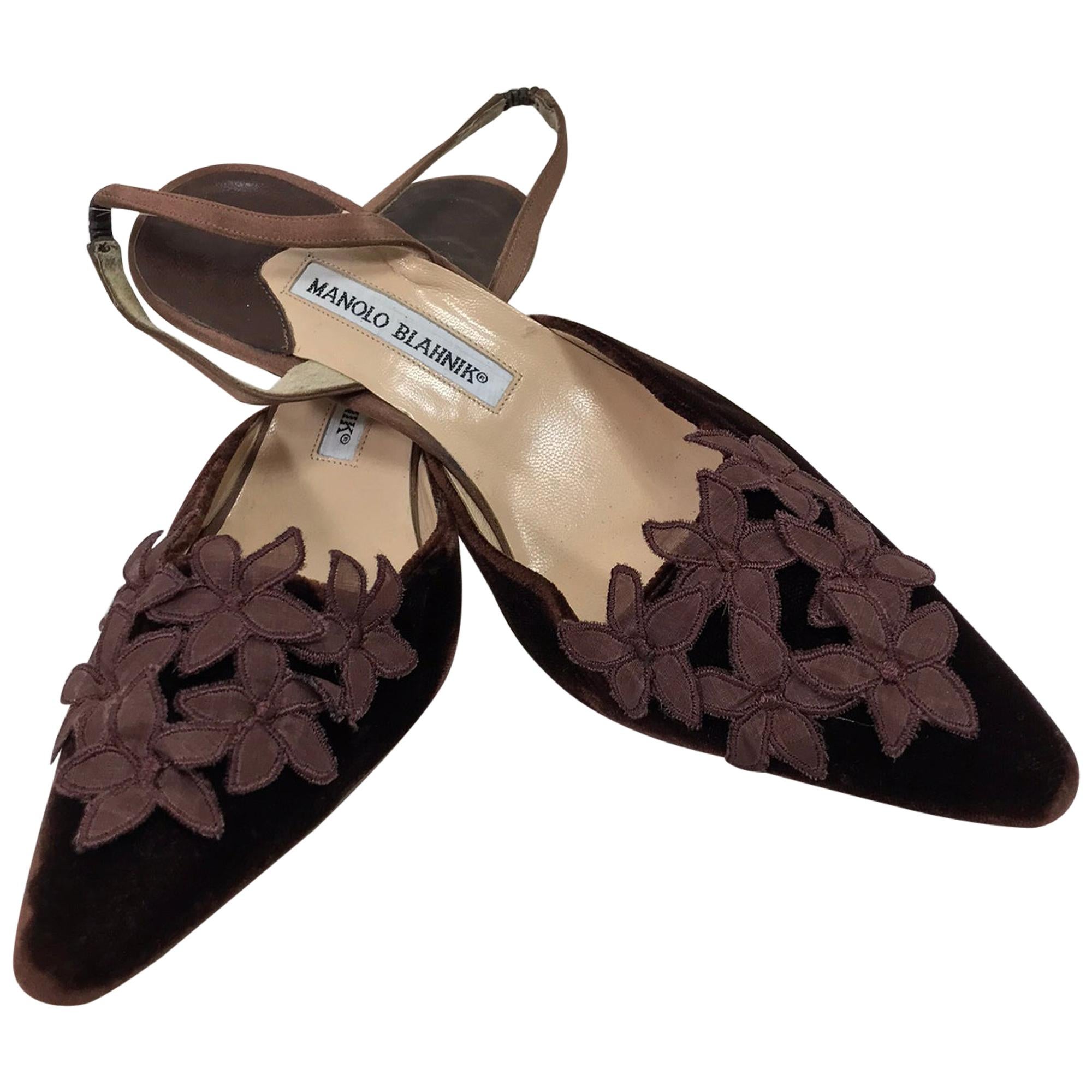 Manolo Blahnik Brown Velvet and Organza Floral Sling Back Pumps 37