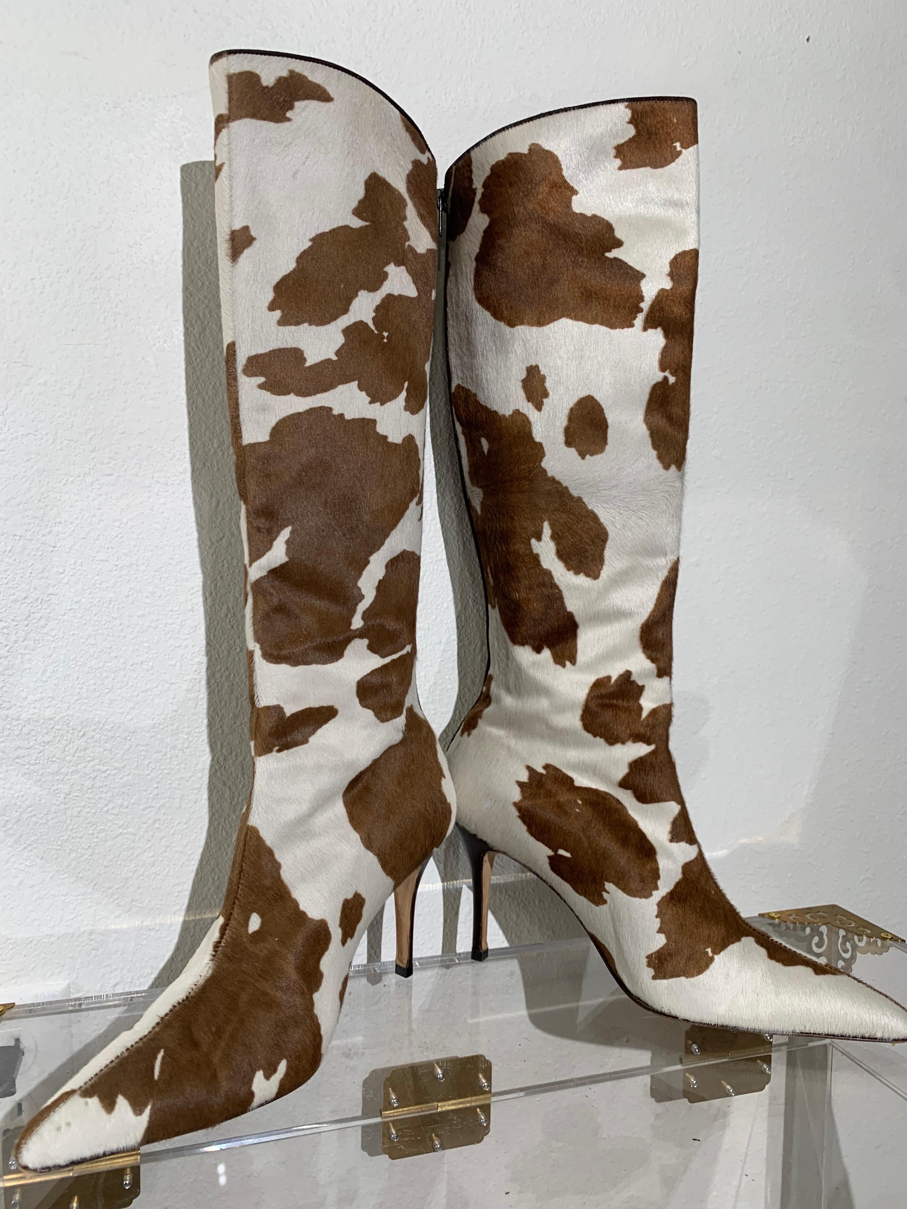 Manolo Blahnik Brown & White Cow Print Leather Knee-High Stiletto Heel Boots:  Spotted calf hair, 19