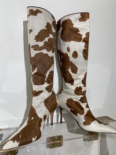 Manolo Blahnik Brown & White Cow Print Leather Knee-High Stiletto Heel Boots