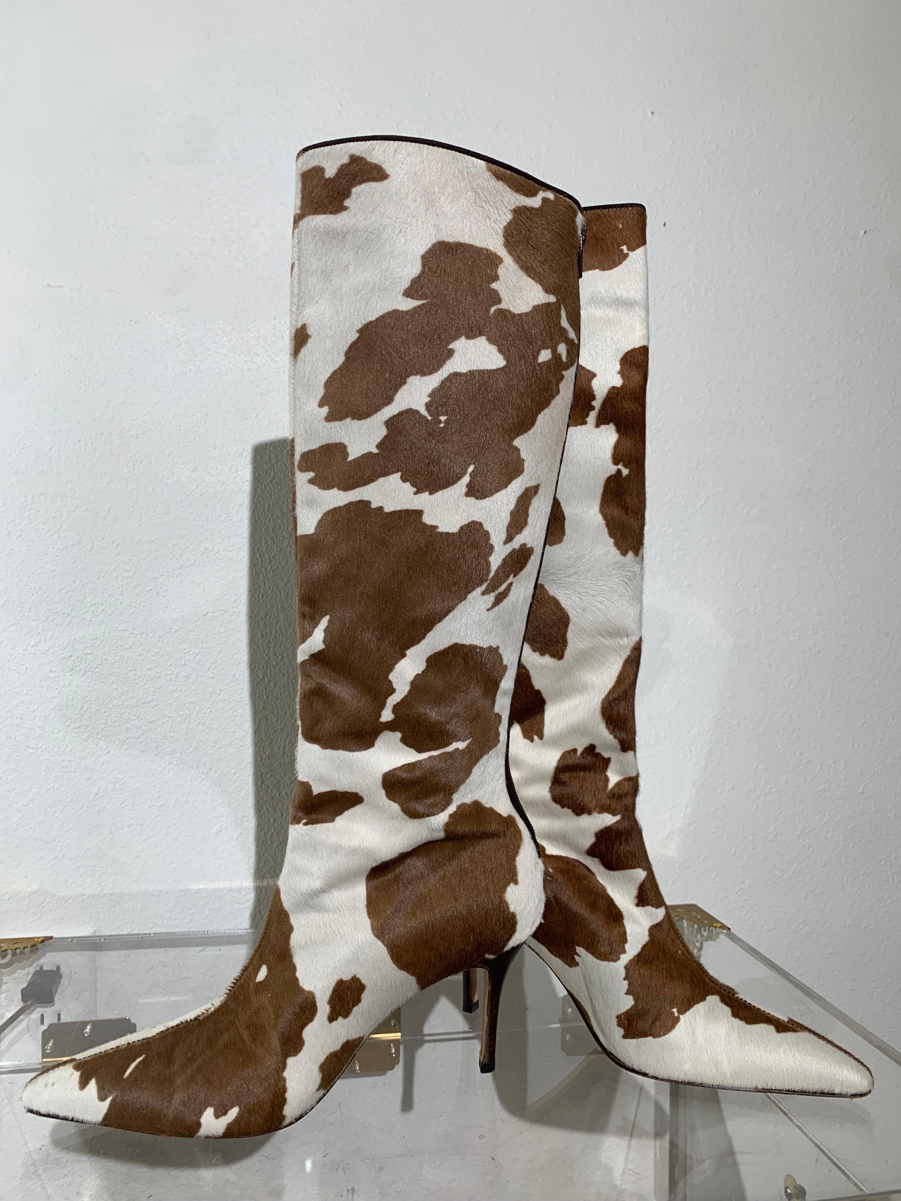 Manolo Blahnik Brown & White Cow Print Leather Knee-High Stiletto Heel Boots In Excellent Condition For Sale In Gresham, OR
