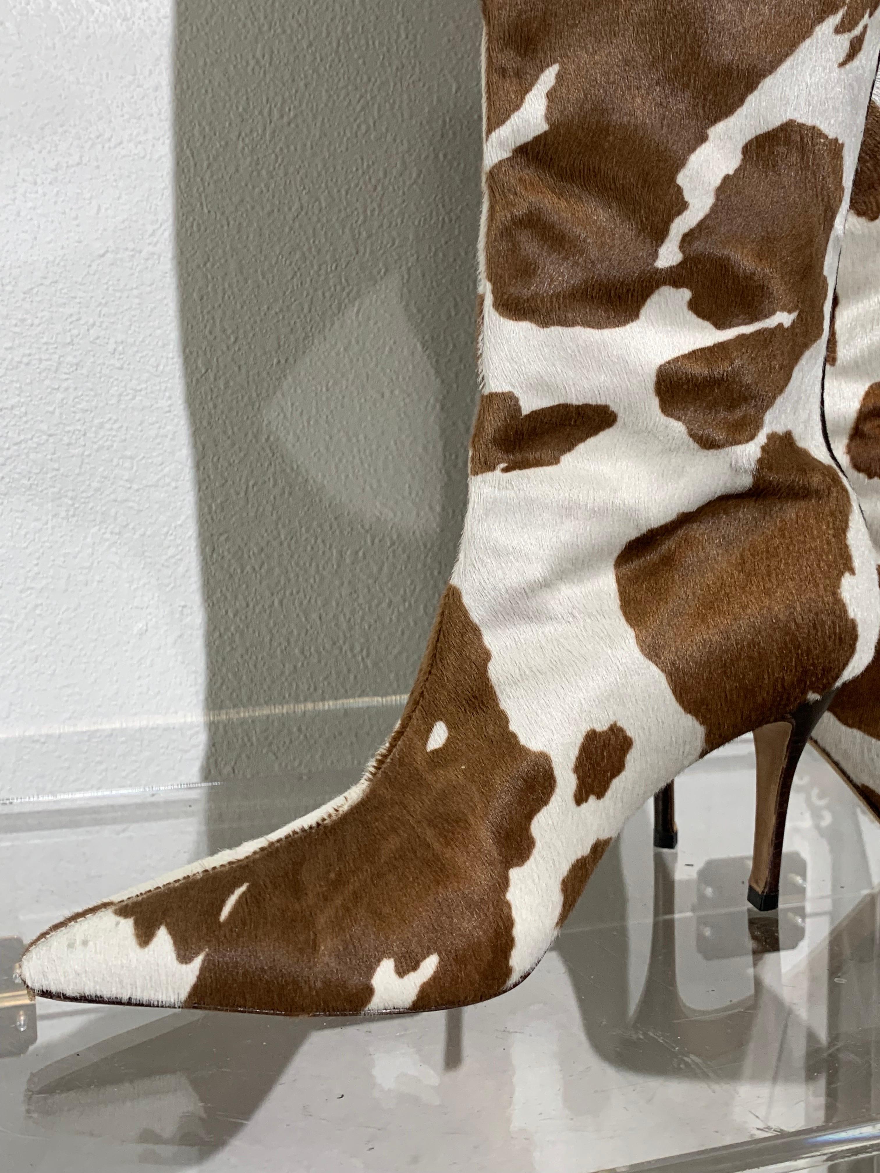 Women's Manolo Blahnik Brown & White Cow Print Leather Knee-High Stiletto Heel Boots For Sale