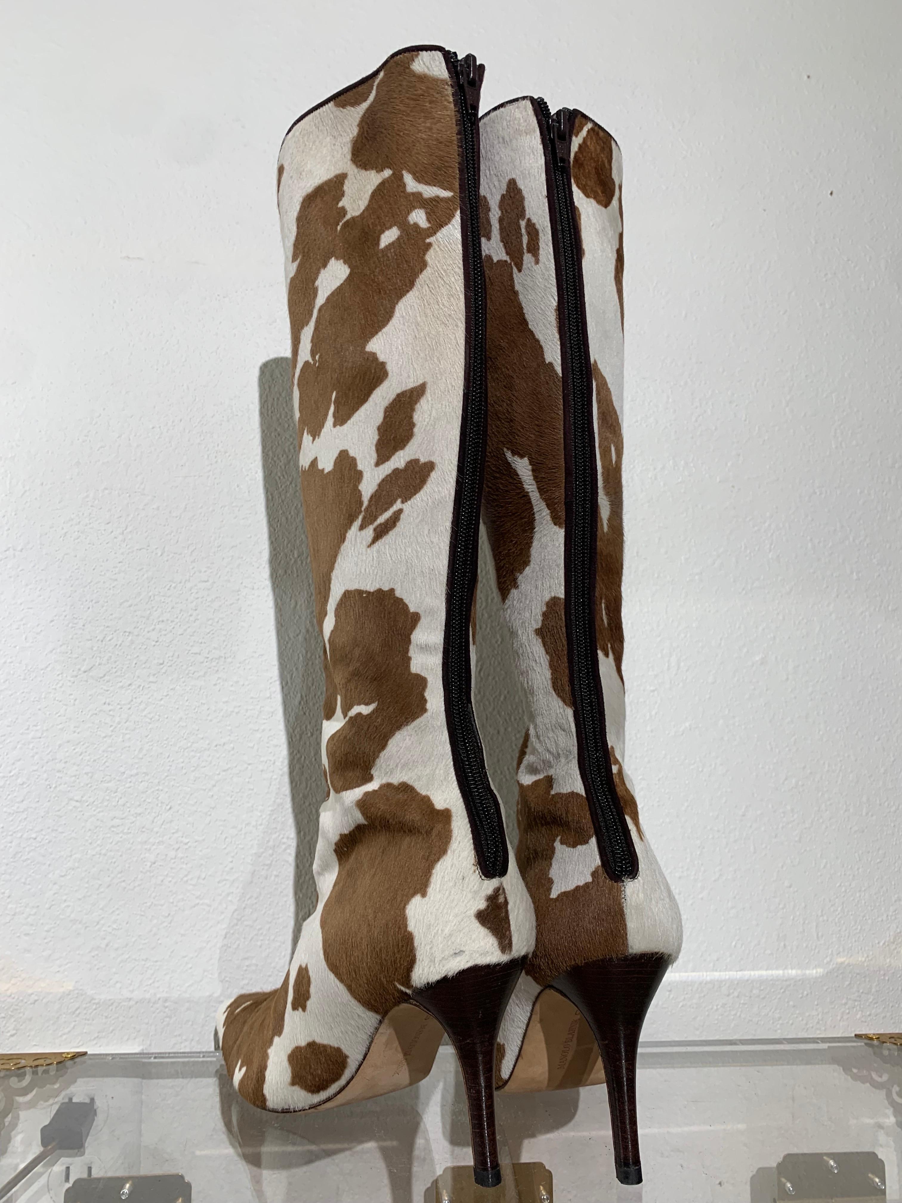 Manolo Blahnik Brown & White Cow Print Leather Knee-High Stiletto Heel Boots For Sale 1