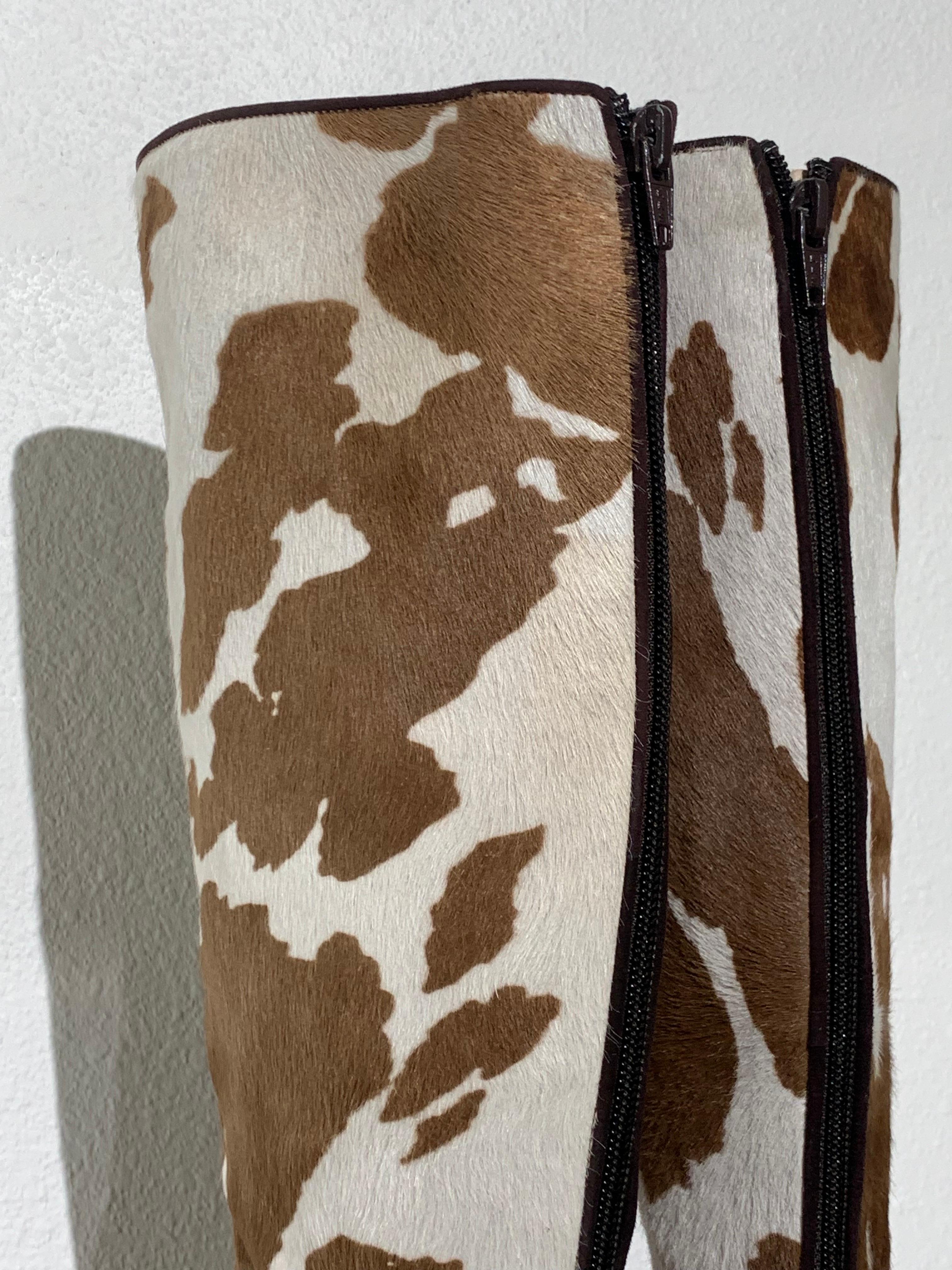 Manolo Blahnik Brown & White Cow Print Leather Knee-High Stiletto Heel Boots For Sale 2
