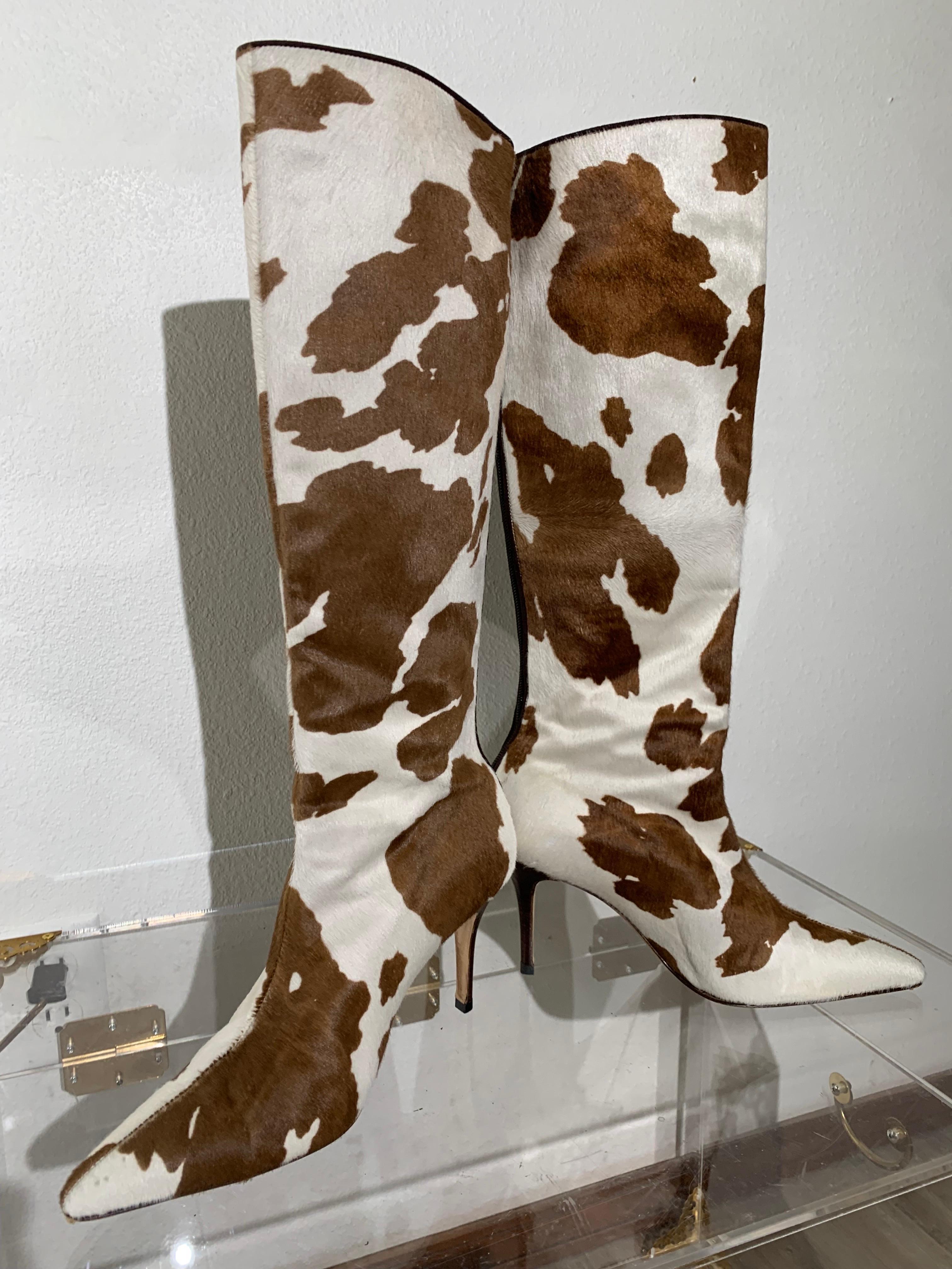 Manolo Blahnik Brown & White Cow Print Leather Knee-High Stiletto Heel Boots For Sale 4