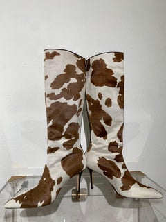 Manolo Blahnik Brown & White Cow Print Leather Knee-High Stiletto Heel Boots