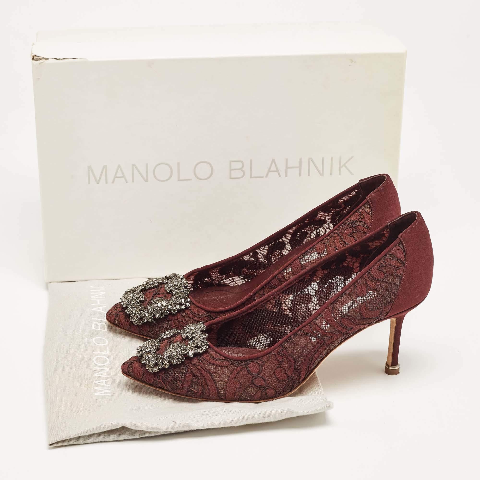 Manolo Blahnik Burgundy Lace and Mesh Hangisi Pointed Toe Pumps Size 36 For Sale 8