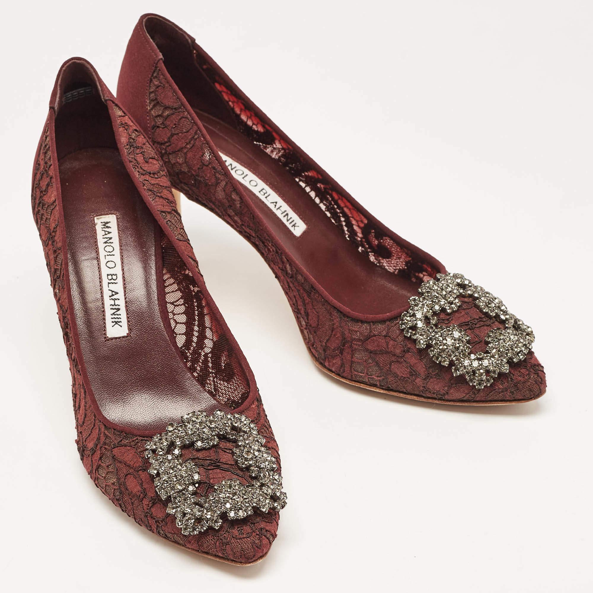 Women's Manolo Blahnik Burgundy Lace and Mesh Hangisi Pointed Toe Pumps Size 36 For Sale