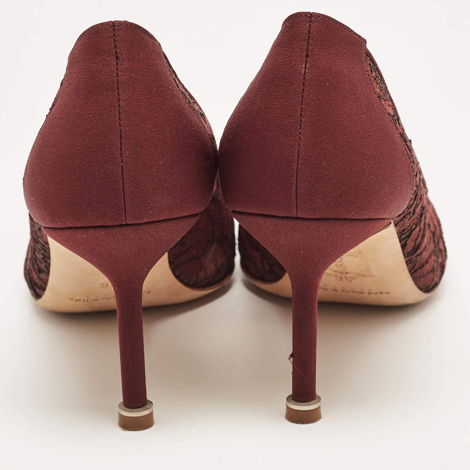 Manolo Blahnik Burgundy Lace and Mesh Hangisi Pointed Toe Pumps Size 36 For Sale 2