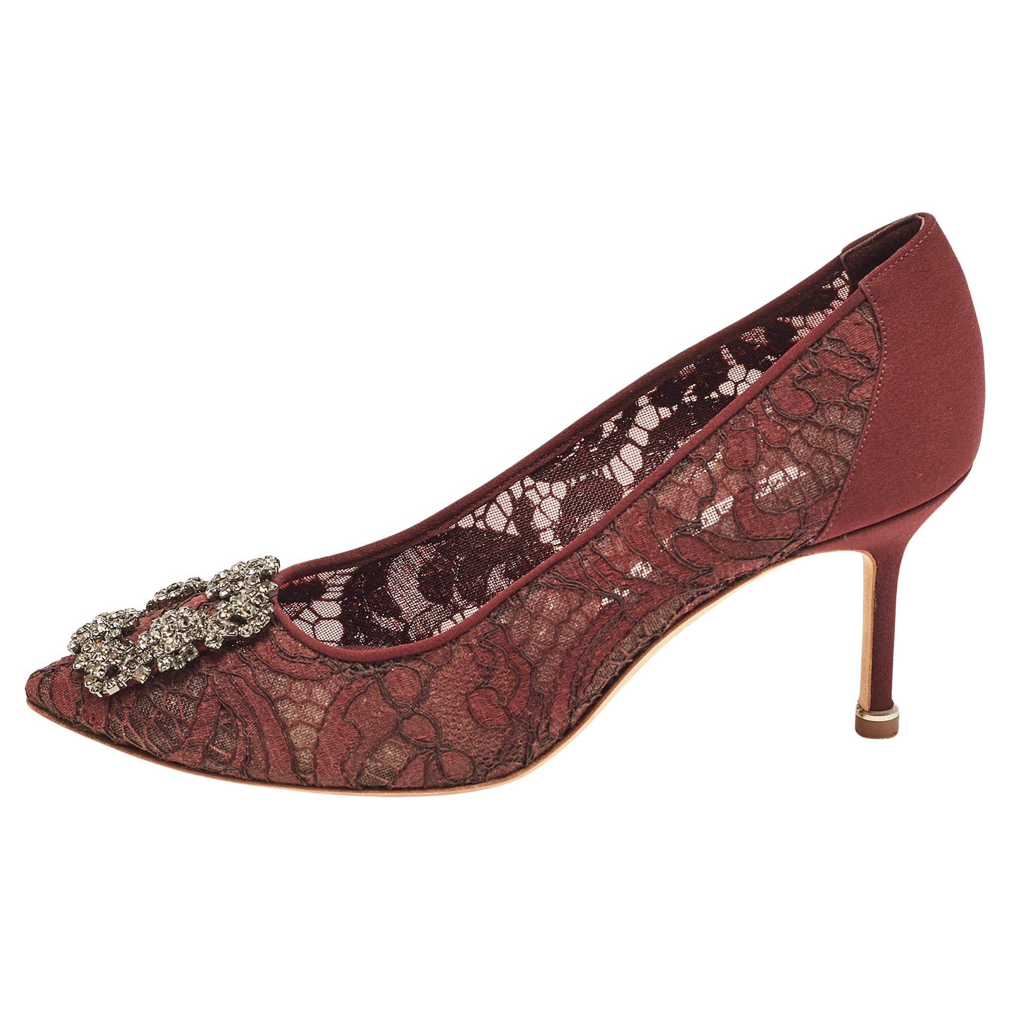 Manolo Blahnik Burgundy Lace and Mesh Hangisi Pointed Toe Pumps Size 36 For Sale