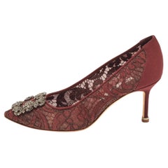 Manolo Blahnik Burgundy Lace and Mesh Hangisi Pointed Toe Pumps Size 36