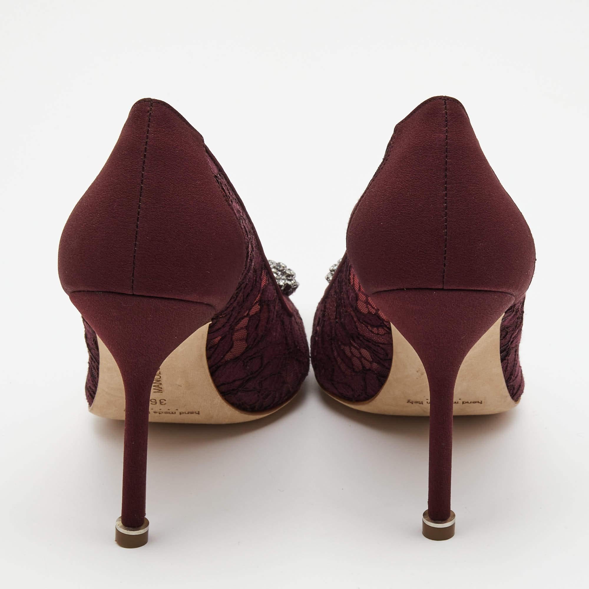 Black Manolo Blahnik Burgundy Lace Hangisi Pumps Size 36