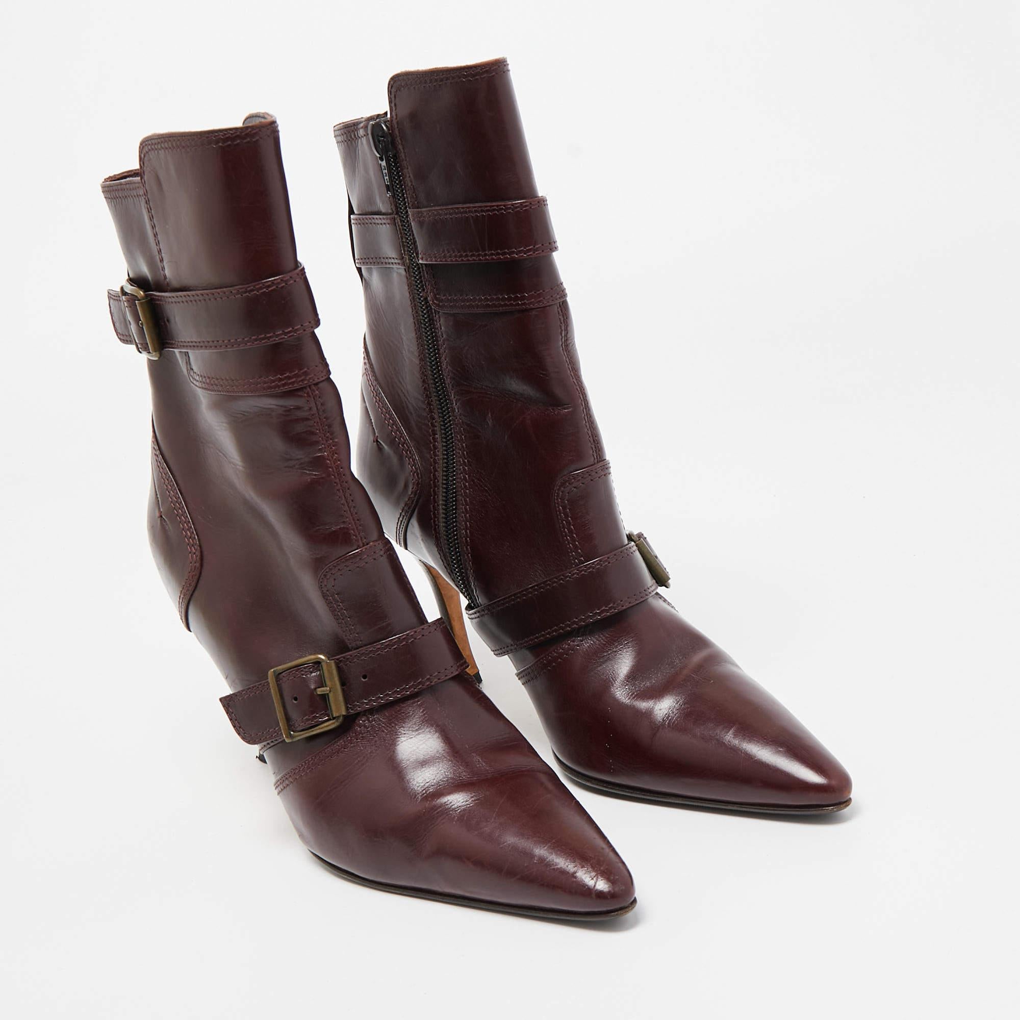 Women's Manolo Blahnik Burgundy Leather Ankle Boots Size 37.5