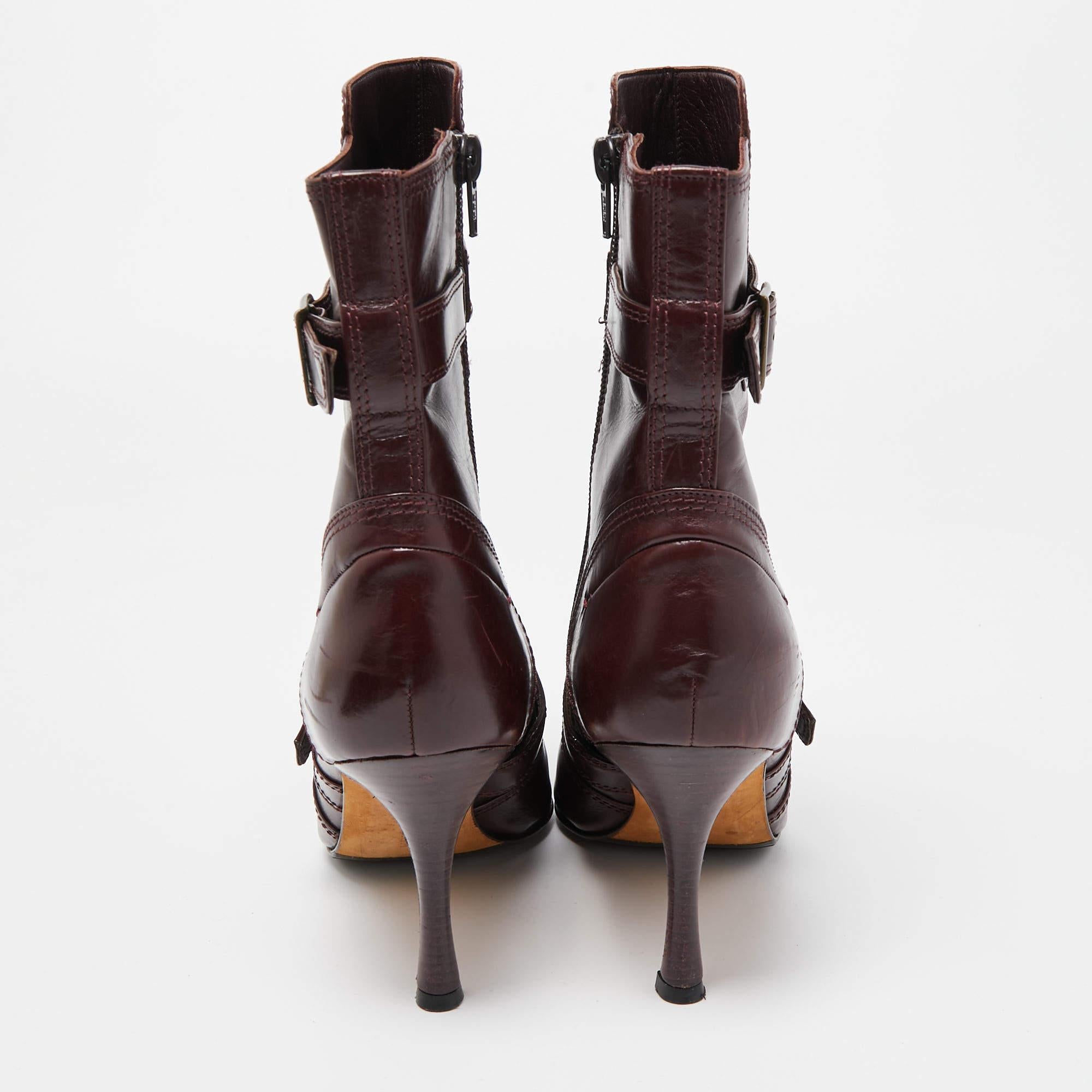 Manolo Blahnik Burgundy Leather Ankle Boots Size 37.5 1